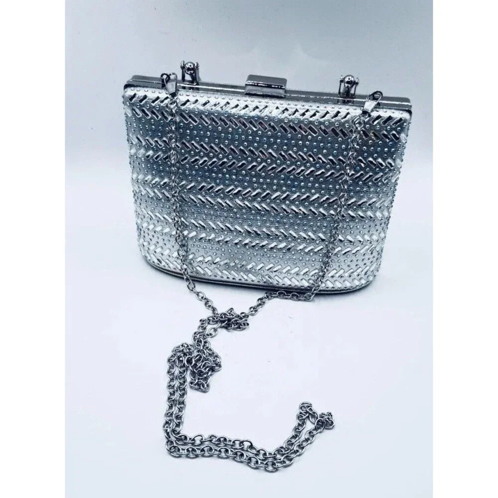 Silver Rhinestone Box Clutch Purse Evening Bag Top Handle Crossbody Chain